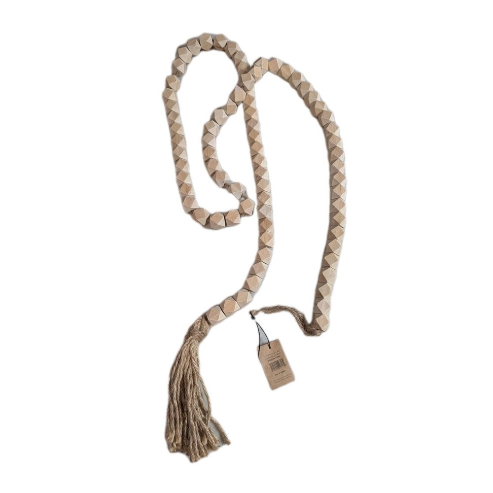 NWT Creative Co-Op 72" Paulownia Wood Bead Garland Natural w/ Jute Tassel...